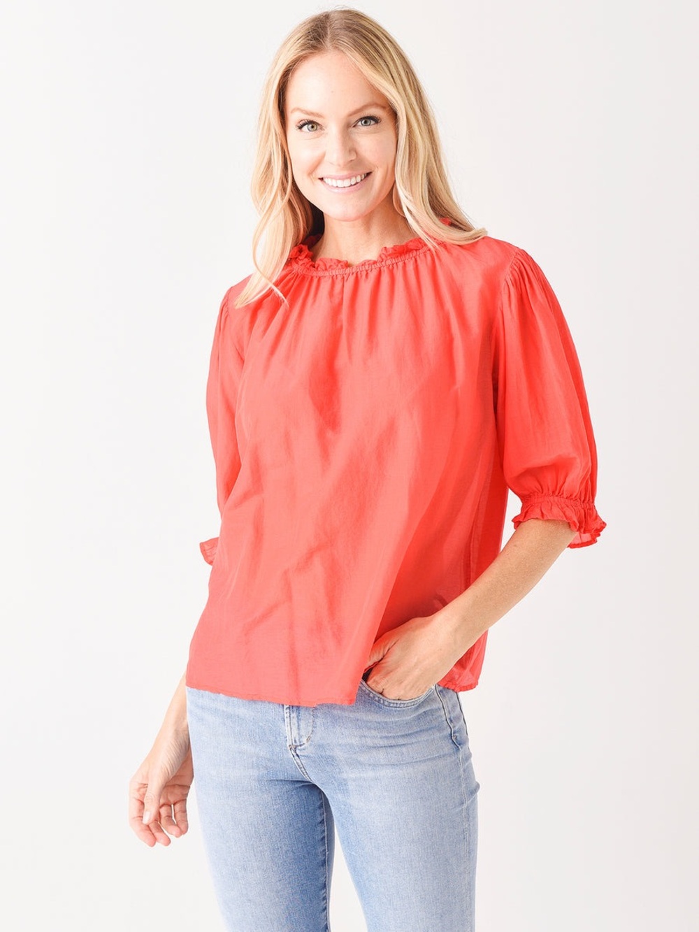 Velvet by Graham Silk blend Coral Puff-Sleeve Blouse